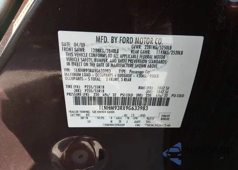 2009 Lincoln Mks z USA, uszkodzony, nr VIN 1LNHM93RX9G633983